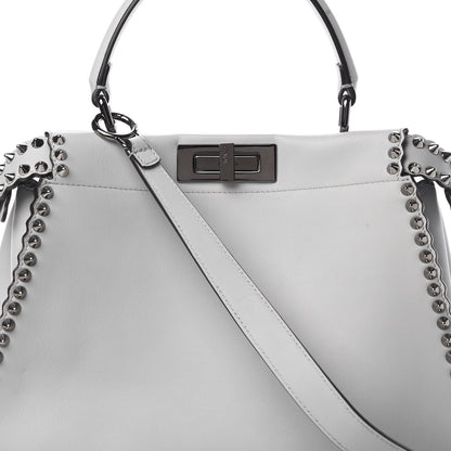 Fendi Vitello Seta Shiny Nappa Scalloped Studded Medium Peekaboo Iconic Satchel Grigio Perla 10 of 13