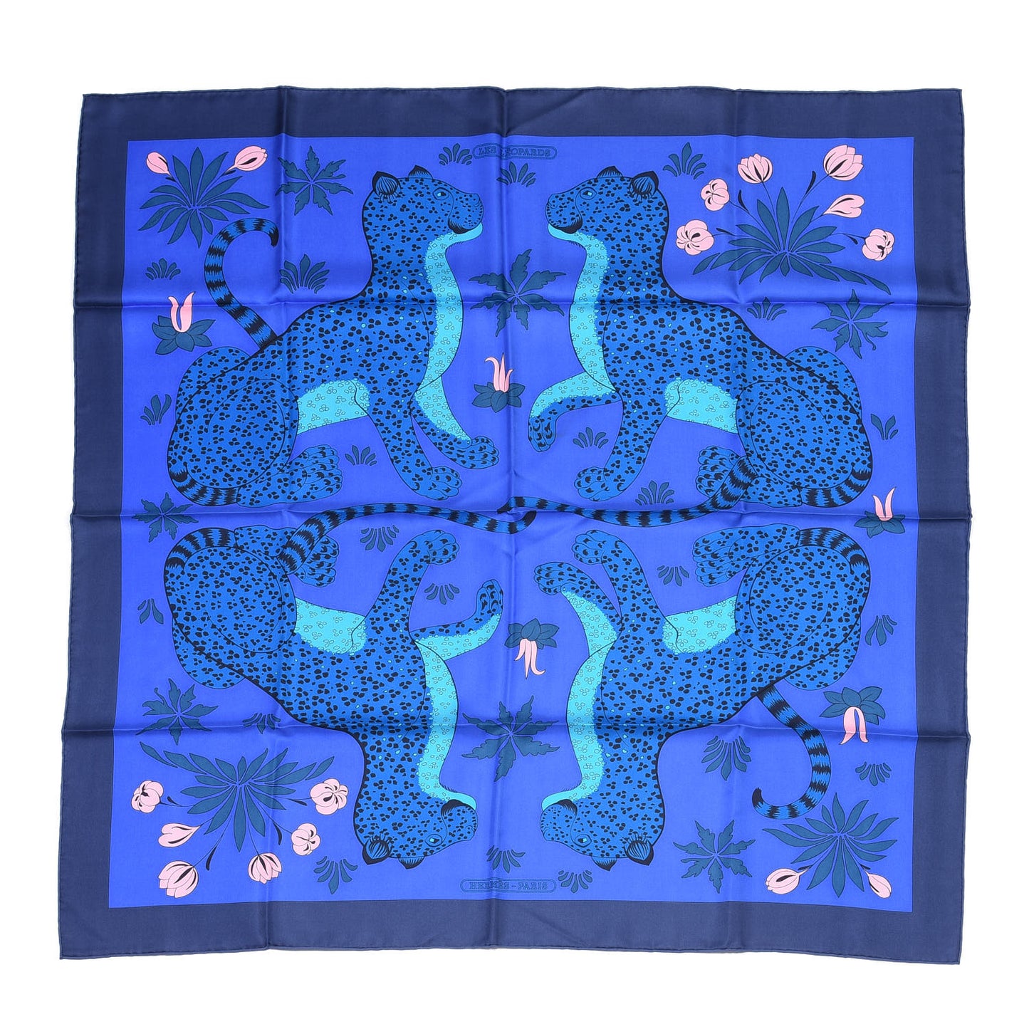 Silk Les Leopards Scarf 90 Marine Bleu Roy Turquoise