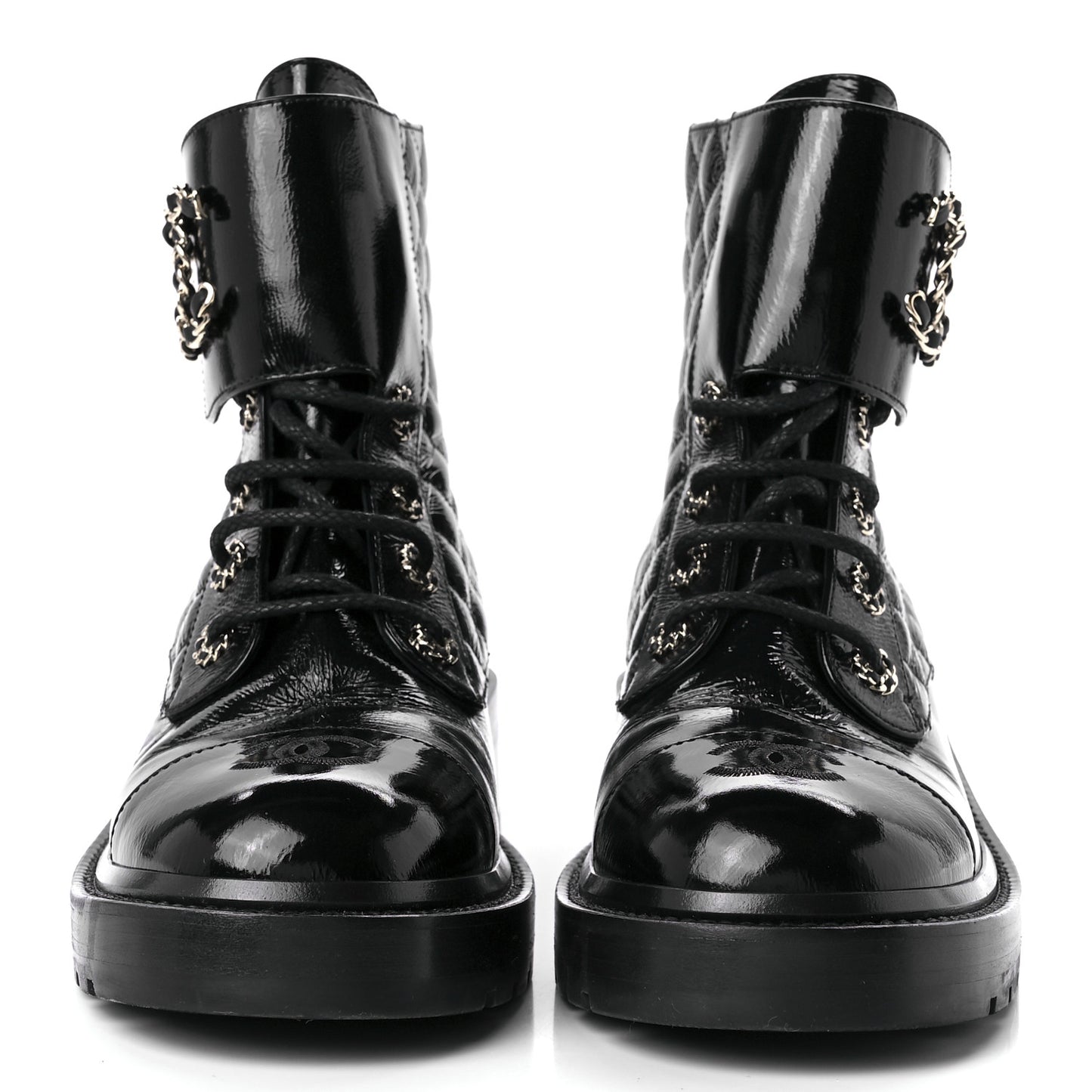 Shiny Lambskin Quilted Lace Up Combat Boots 40 Black