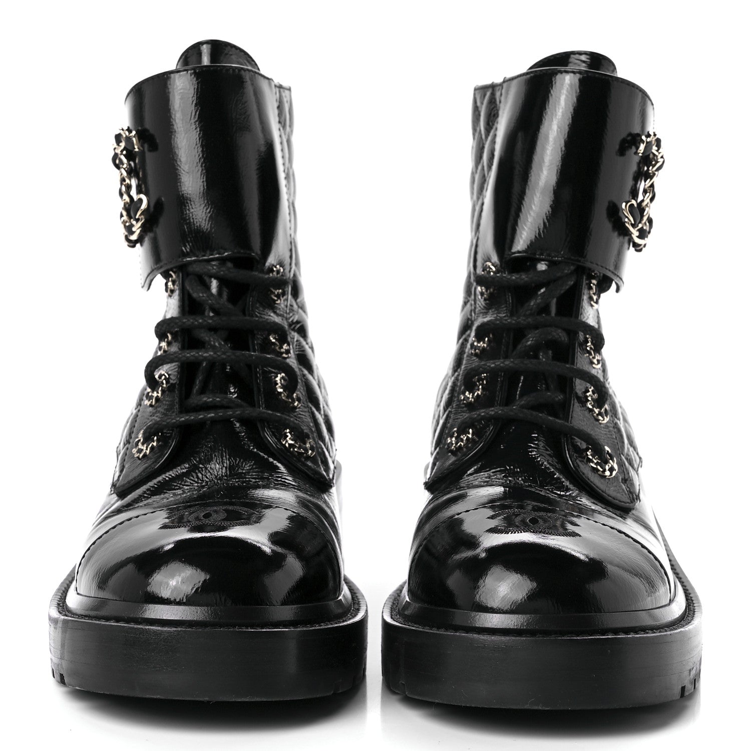 Chanel Shiny Lambskin Quilted Lace Up Combat Boots 40 Black 2 of 11