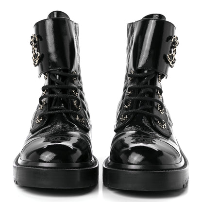 Chanel Shiny Lambskin Quilted Lace Up Combat Boots 40 Black 2 of 11