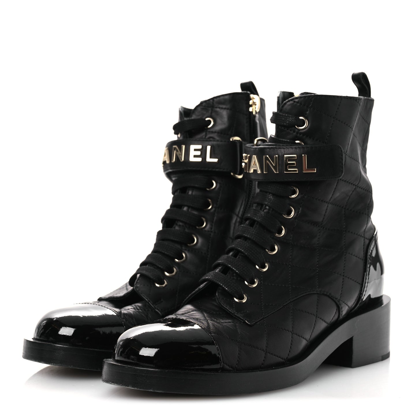 Lambskin Patent Calfskin Quilted Logo Lace Up Combat Boots 38 Black