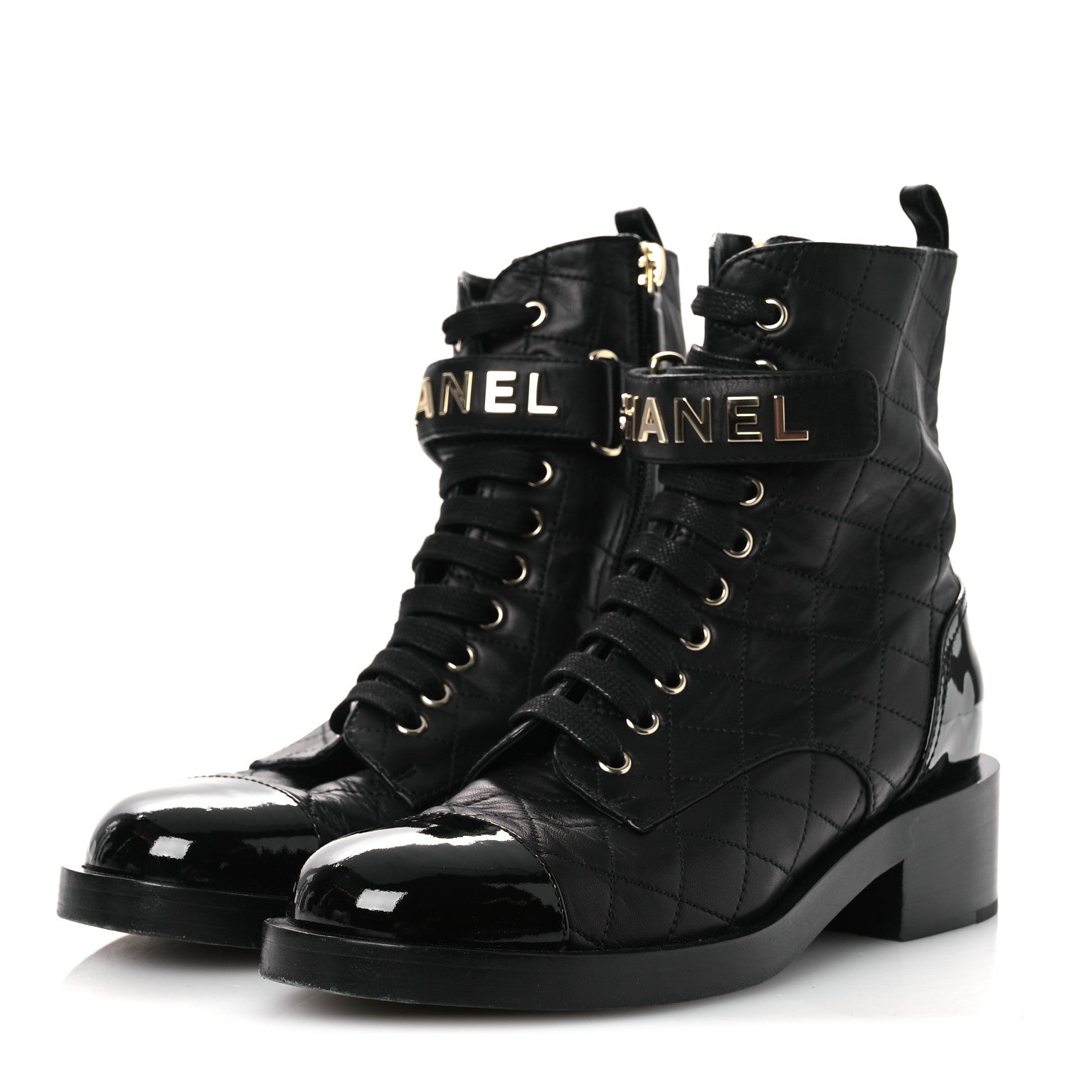 Chanel Lambskin Patent Calfskin Quilted Logo Lace Up Combat Boots 38 Black 4 of 11