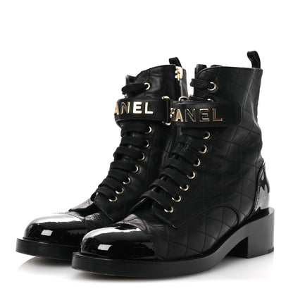Chanel Lambskin Patent Calfskin Quilted Logo Lace Up Combat Boots 38 Black 4 of 11