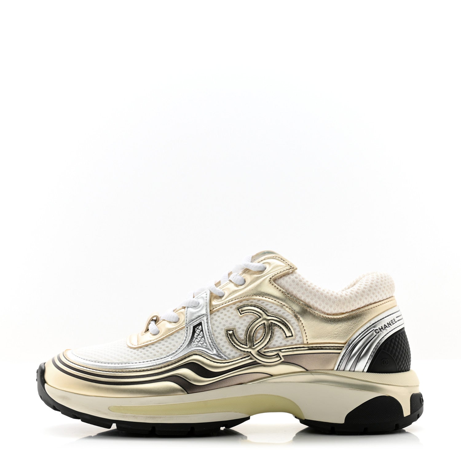 Chanel Fabric Laminated Calfskin Stretch CC Sneakers 36.5 White Gold Silver 1 of 14