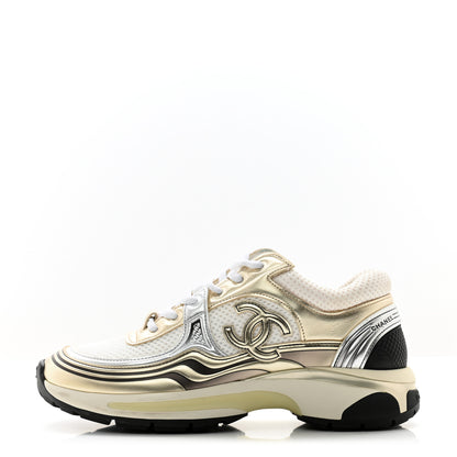 Chanel Fabric Laminated Calfskin Stretch CC Sneakers 36.5 White Gold Silver 1 of 14