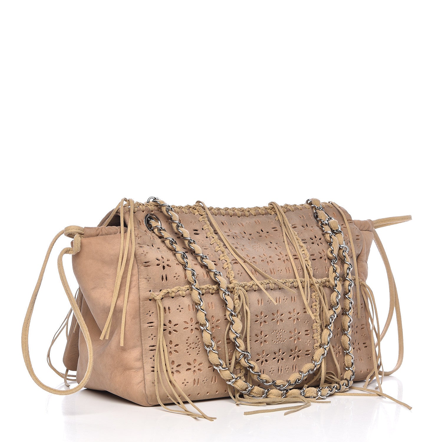 Chanel Suede Calfskin Perforated Fringe Flap Beige 3 of 15