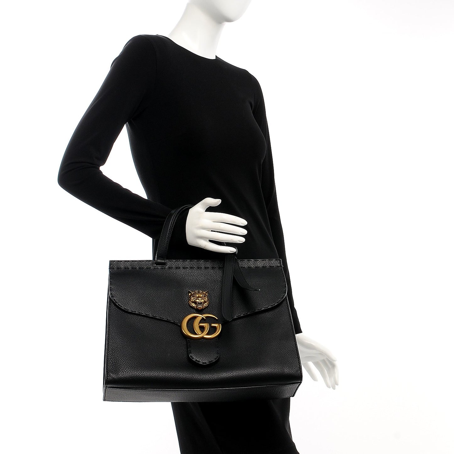 Calfskin Feline Medium GG Marmont Top Handle Bag Black