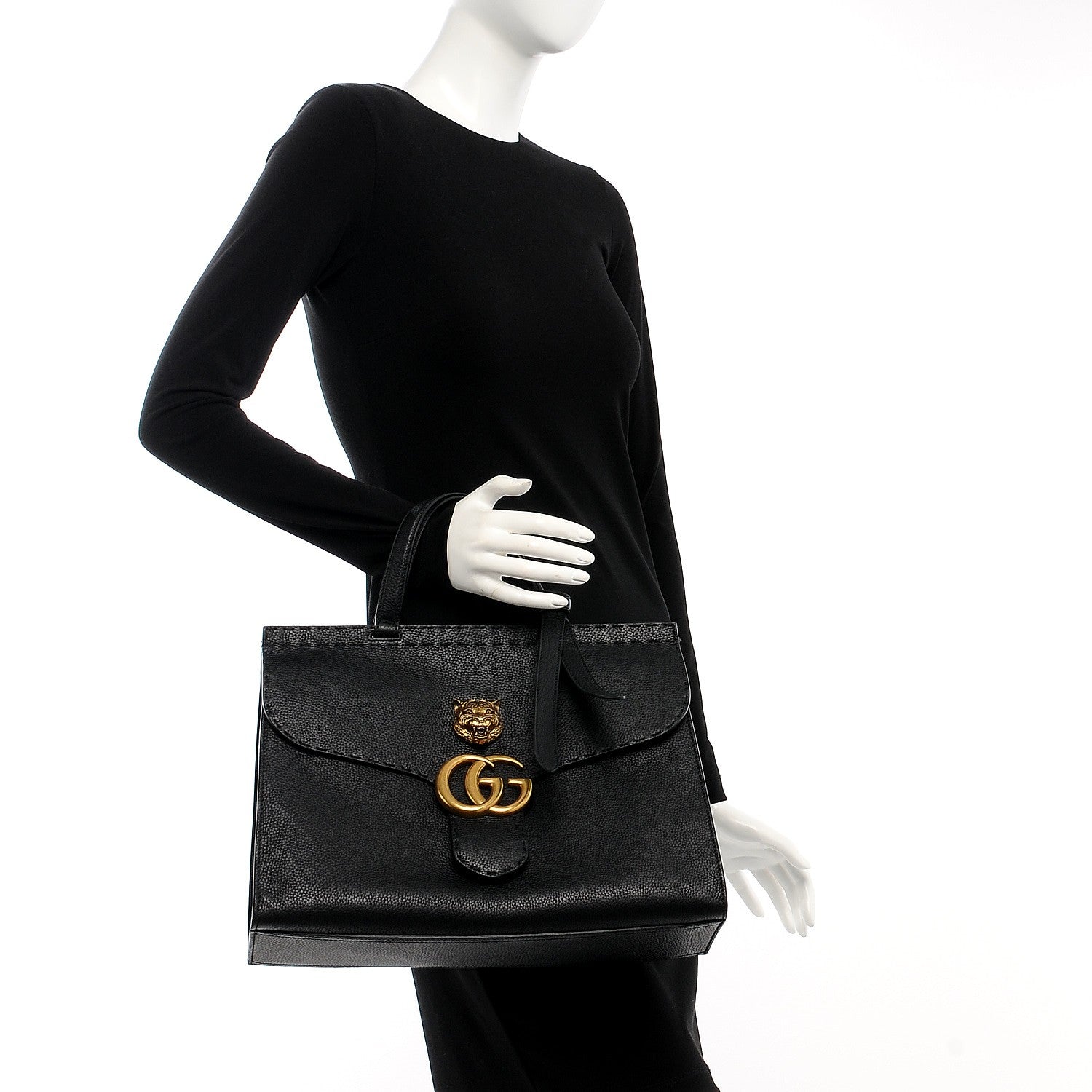 Gucci Calfskin Feline Medium GG Marmont Top Handle Bag Black 2 of 8