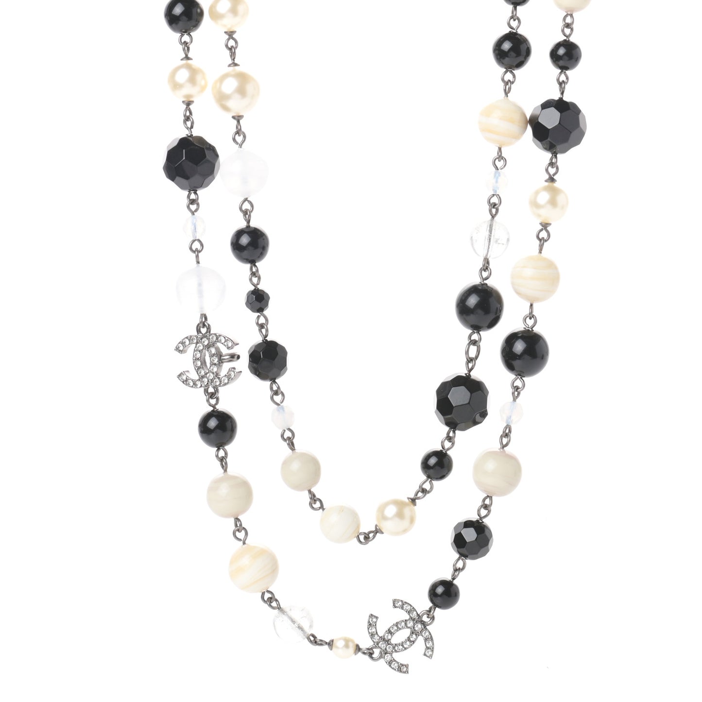 Pearl Crystal Bead CC Long Necklace Black Silver