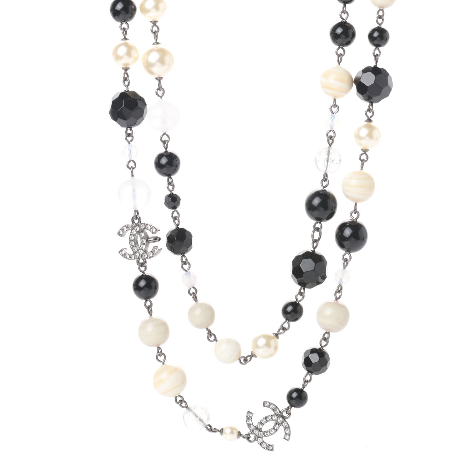 Chanel Pearl Crystal Bead CC Long Necklace Black Silver 1 of 4