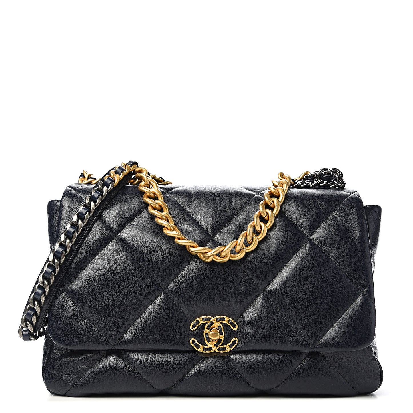 Shiny Goatskin Quilted Maxi 19 Flap Navy Blue