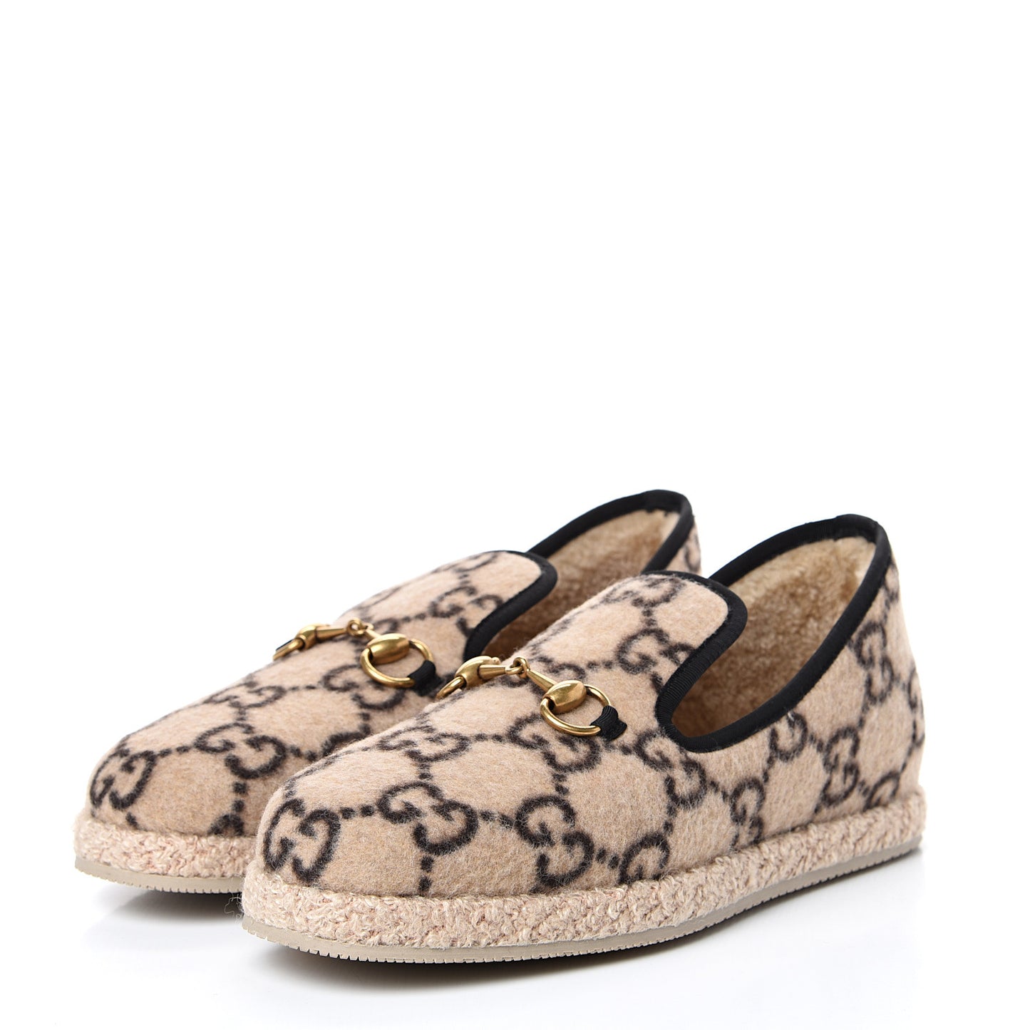 Covered Wool GG Monogram Mens Fria Horsebit Loafers 5 Beige Ebony Black Butterscotch