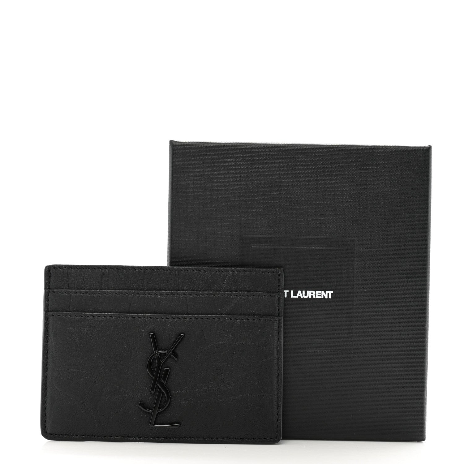 Saint Laurent Calfskin Crocodile Embossed Monogram Credit Card Case Black 8 of 8