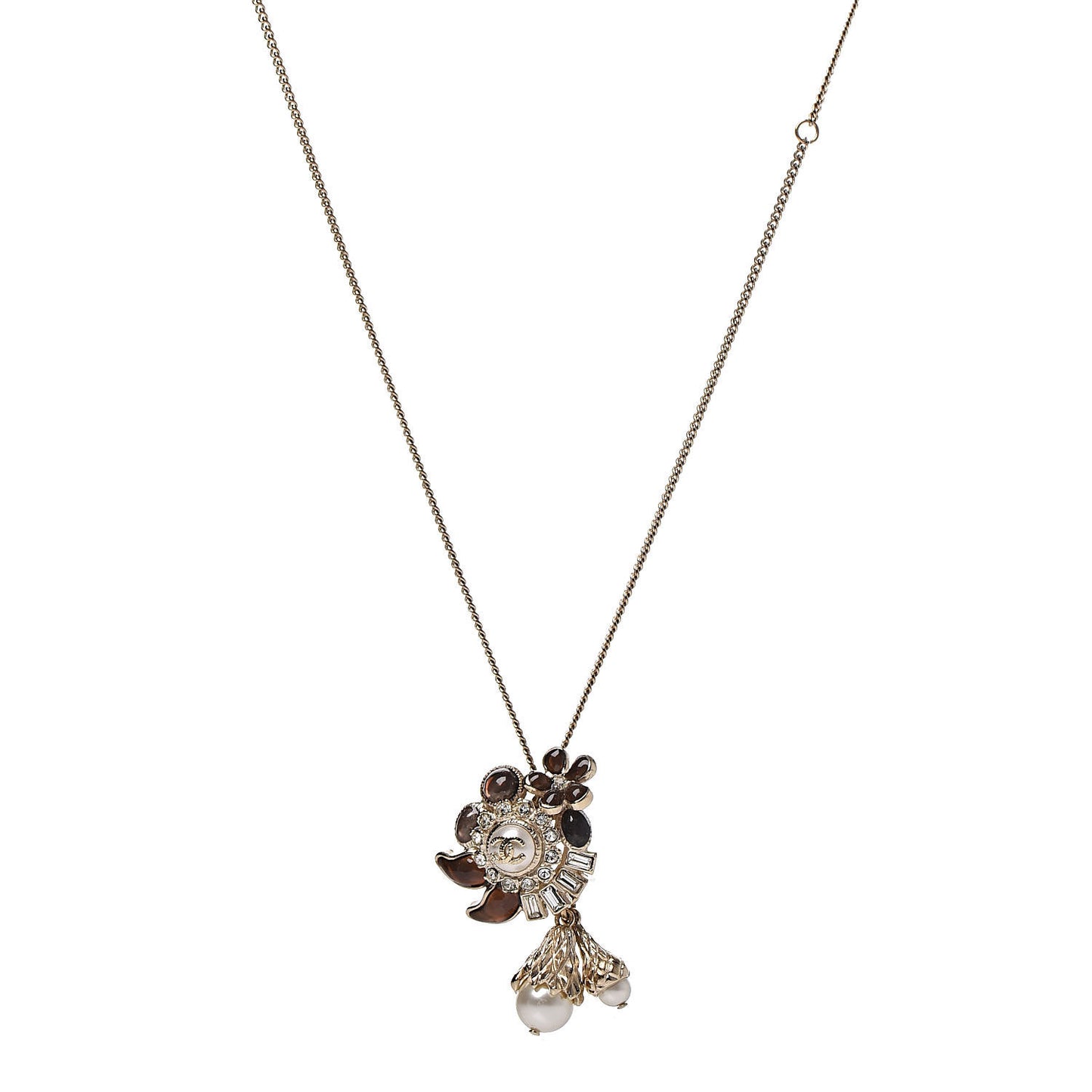 Gripoix Poured Glass Baguette Crystal Pearl CC Pendant Brown Light Gold