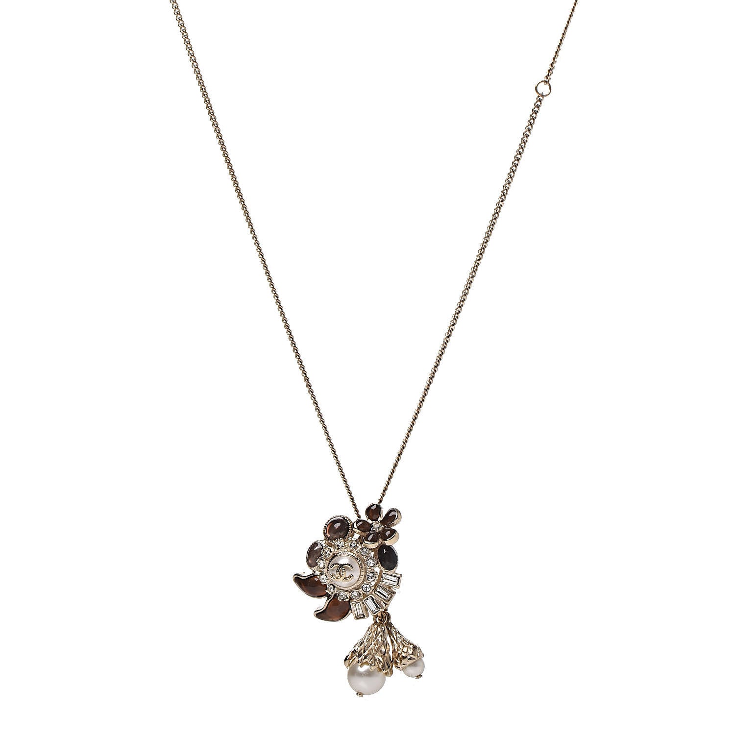 Chanel Gripoix Poured Glass Baguette Crystal Pearl CC Pendant Brown Light Gold 1 of 5