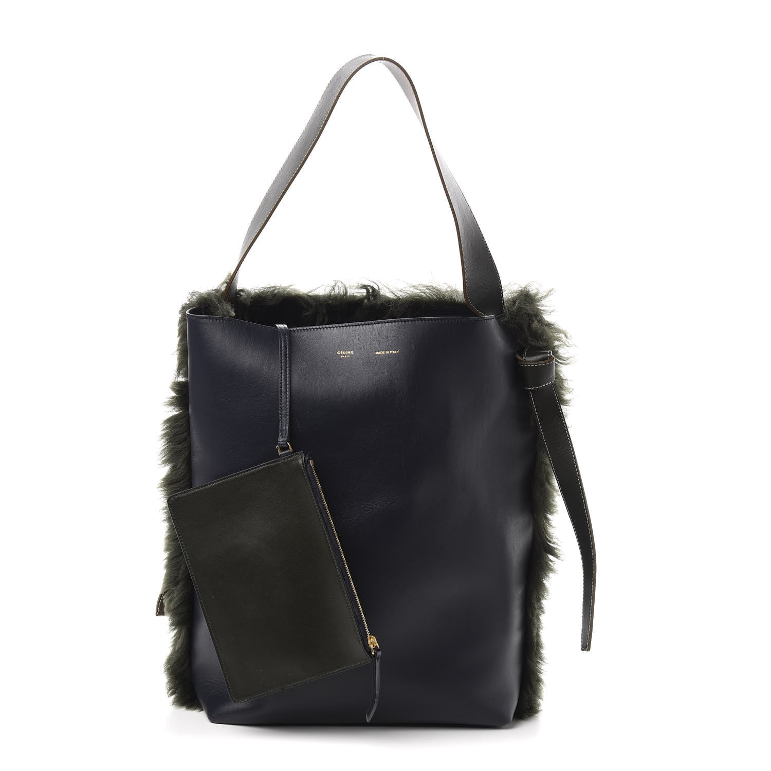 Celine Shiny Smooth Calfskin Shearling Small Twisted Cabas Light Khaki Navy 9 of 9