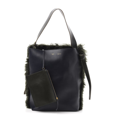 Celine Shiny Smooth Calfskin Shearling Small Twisted Cabas Light Khaki Navy 9 of 9