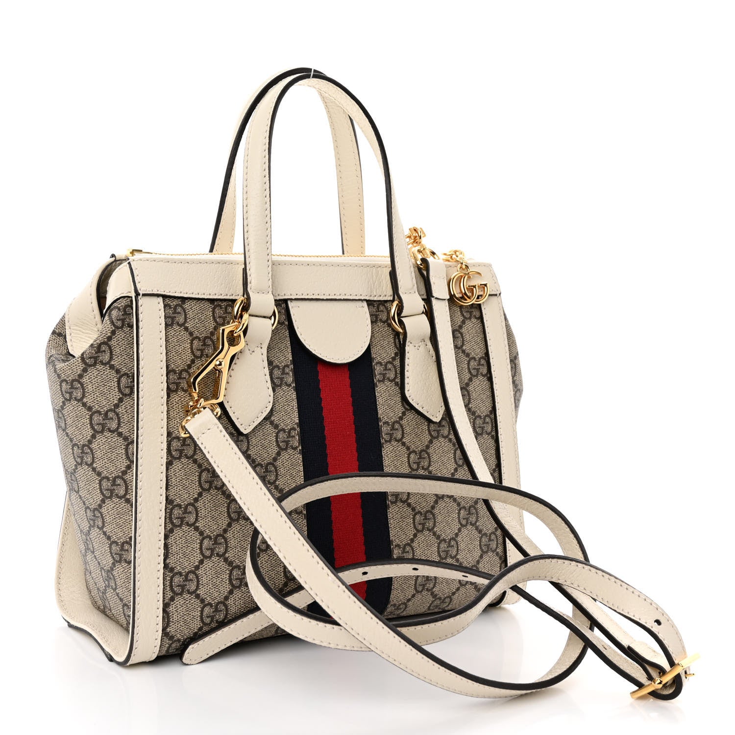 Gucci GG Supreme Monogram Textured Dollar Calfskin Web Small Ophidia Tote Bag Beige Ebony Mystic White 3 of 10