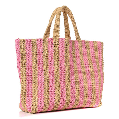 Prada Yarn Raffia Effect Crochet Striped Large Logo Tote Naturale Petalo 3 of 11