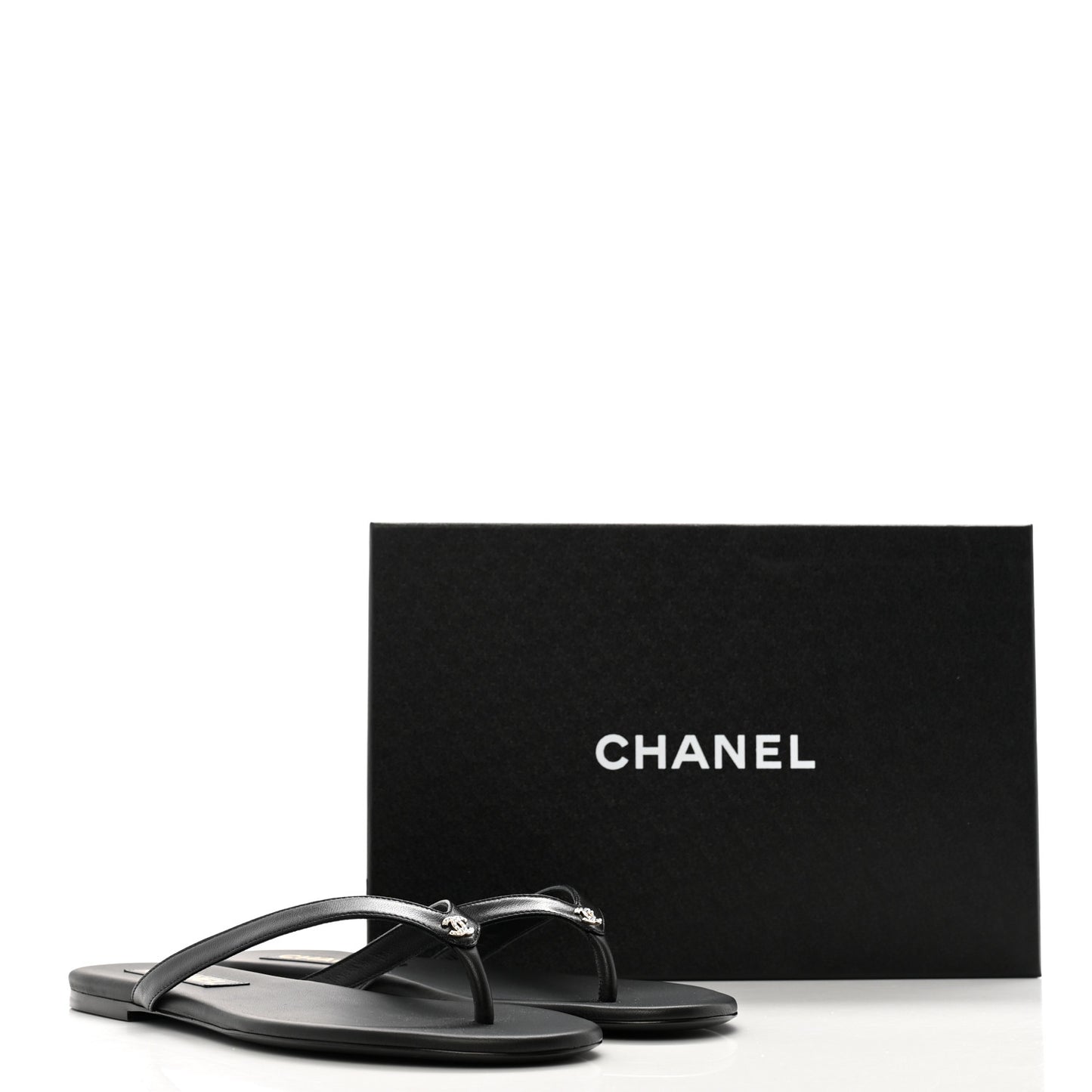 Shiny Lambskin Crystal CC Thong Sandals 40.5 Black