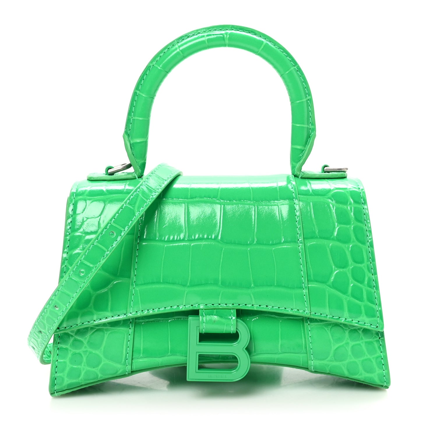 Shiny Calfskin Crocodile Embossed Hourglass Top Handle Bag XS Vivid Green