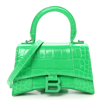 Balenciaga Shiny Calfskin Crocodile Embossed Hourglass Top Handle Bag XS Vivid Green 1 of 10