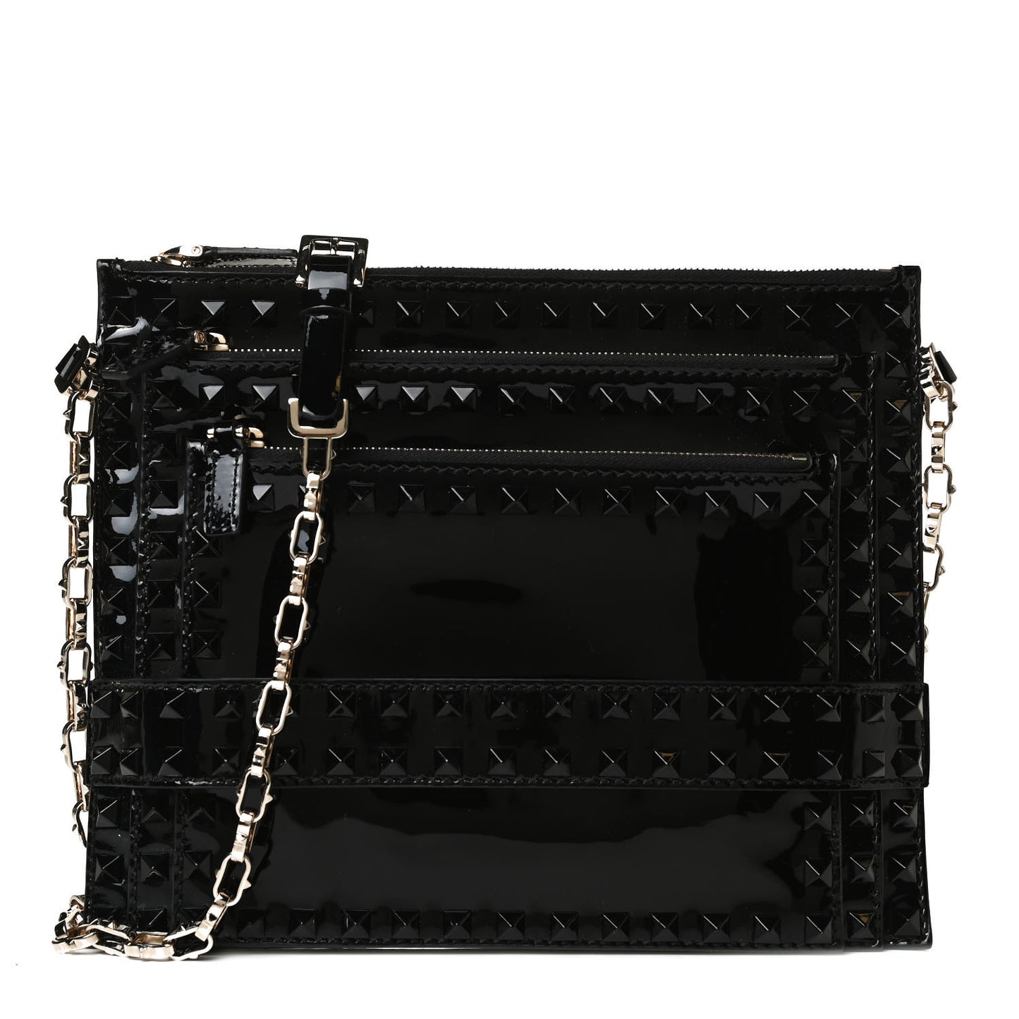 Patent Calfskin Rockstud Crossbody Pouch Bag Black