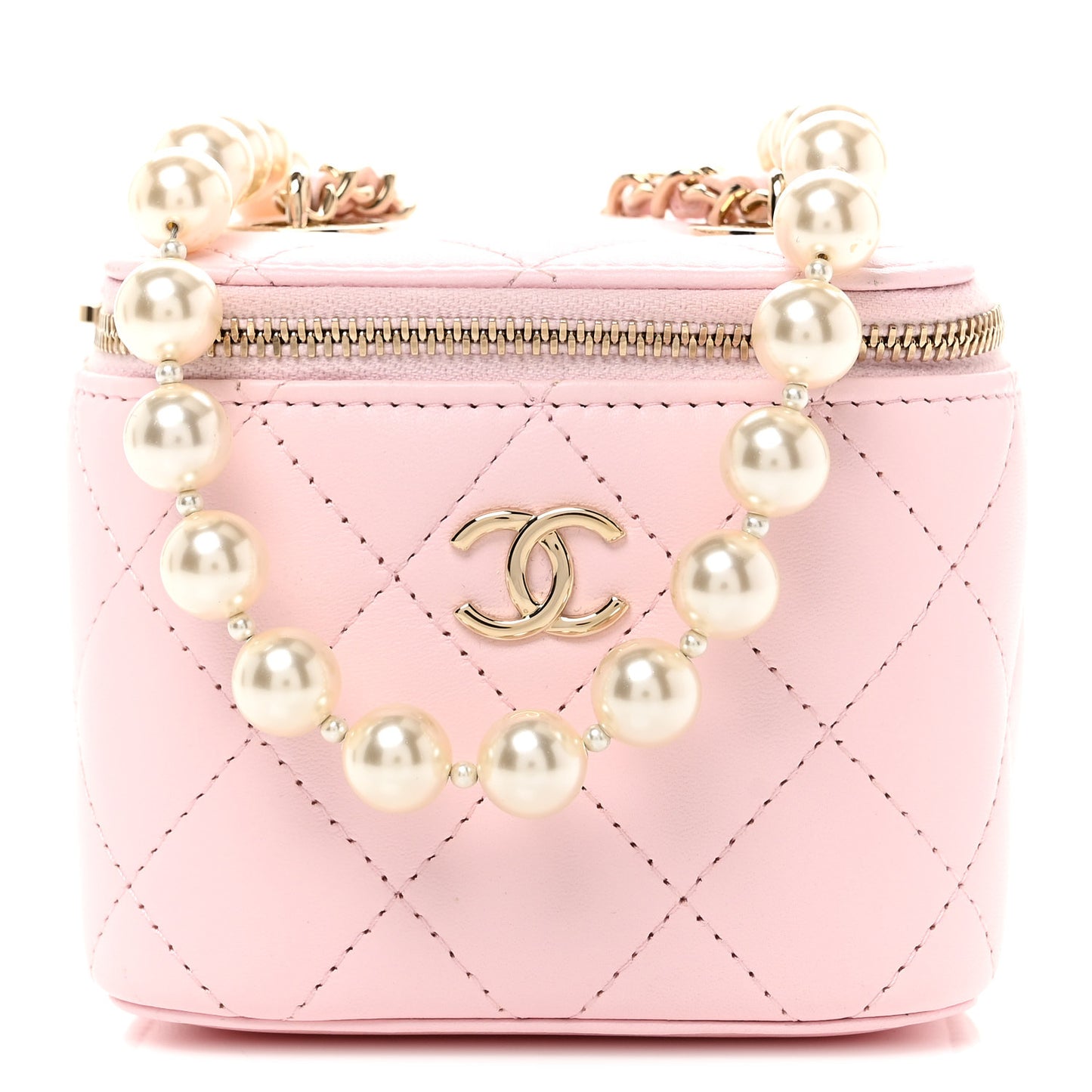 Lambskin Quilted Mini Vanity Case With Pearl Chain  Light Pink