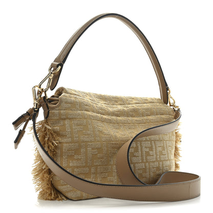 Fendi Fabric Jacquard Raffia Straw Fringe Medium Mamma Baguette Beige 3 of 10