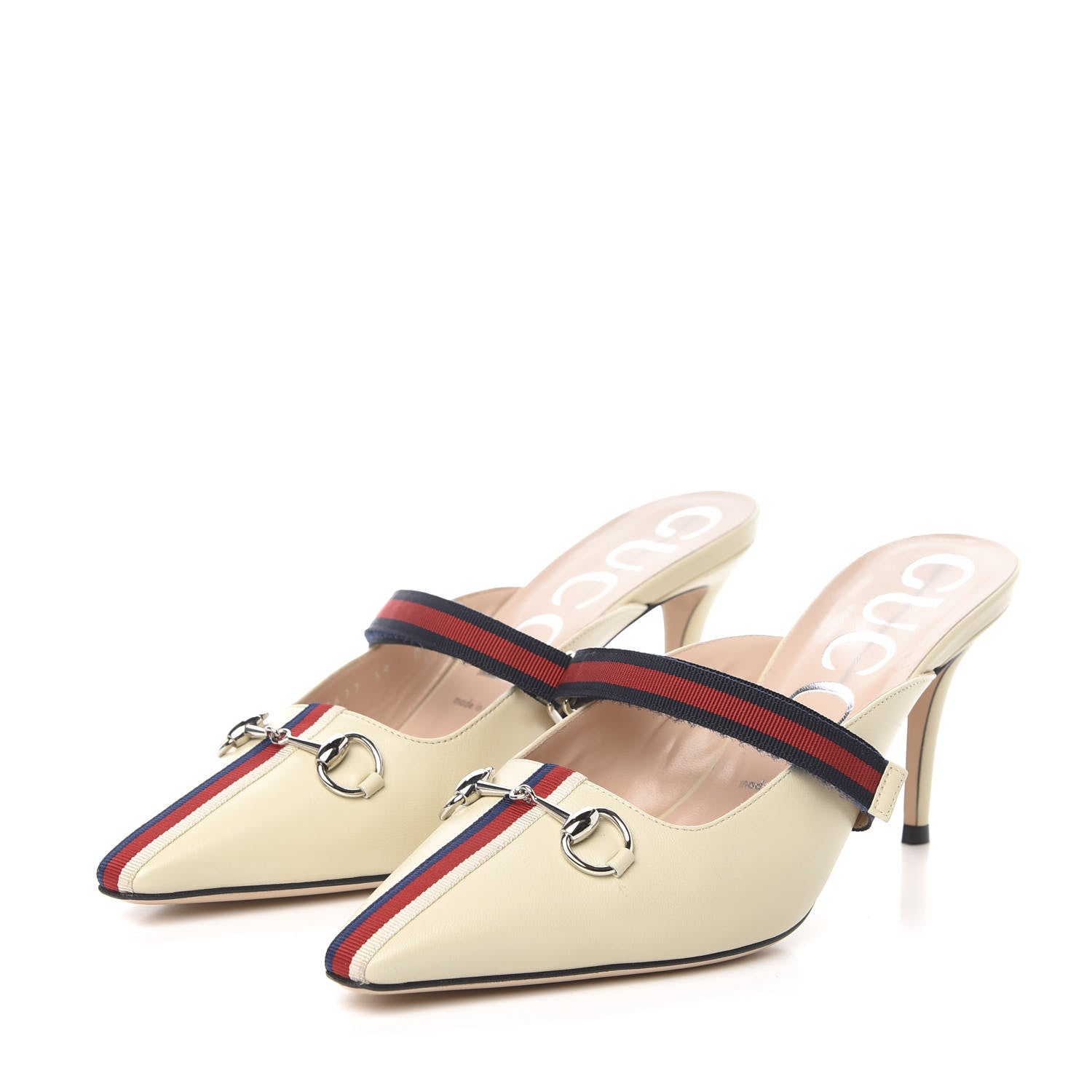 Gucci Malaga Kid Sylvie Web Cross Strap Mid-Heel Slides 39 Vintage White 3 of 9