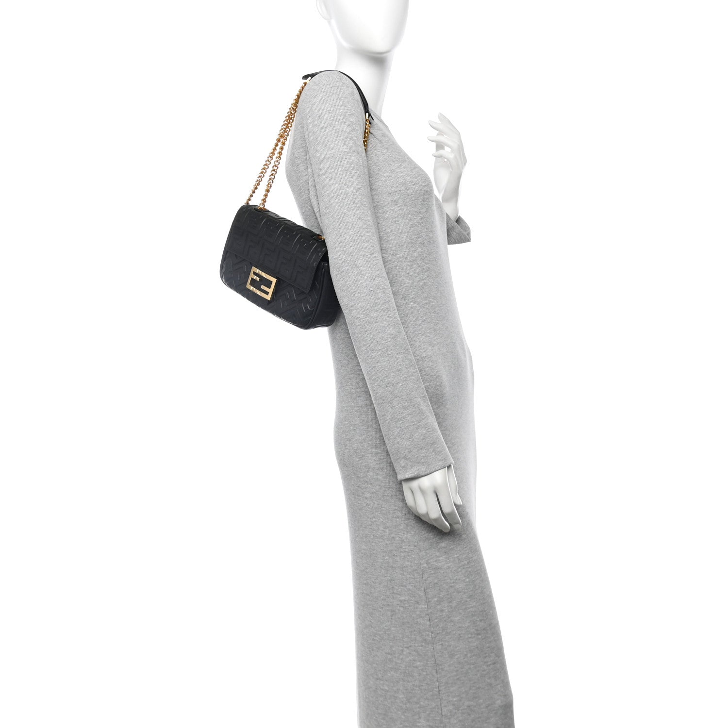 Fendi Nappa Small FF Embossed Mid Chain Baguette Black 2 of 12
