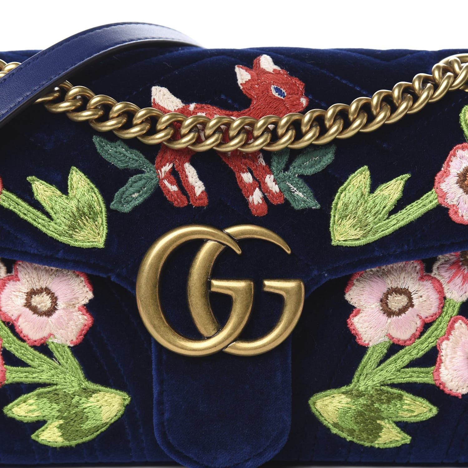 Gucci Velvet Matelasse Deer Embroidered Small GG Marmont Shoulder Bag Cobalt 7 of 9