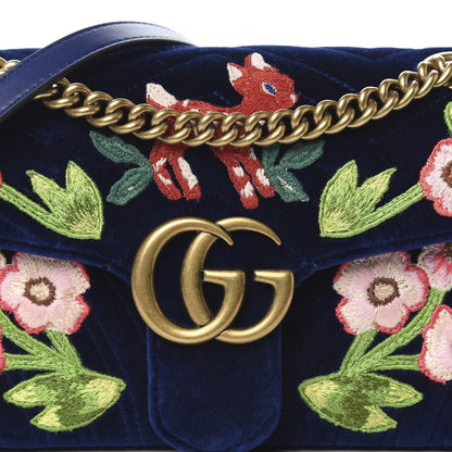 Gucci Velvet Matelasse Deer Embroidered Small GG Marmont Shoulder Bag Cobalt 7 of 9