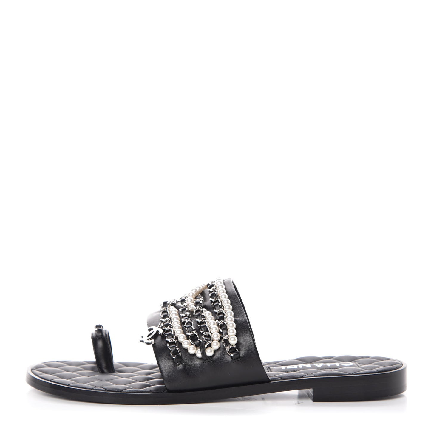 Pearl Lambskin Chain Flat Sandals 41 Black