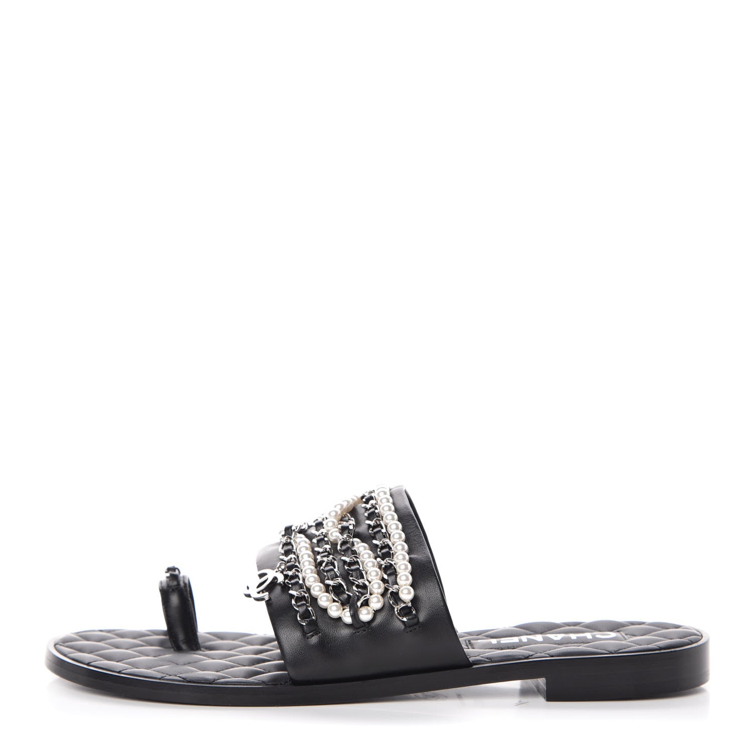 Chanel Pearl Lambskin Chain Flat Sandals 41 Black 1 of 8