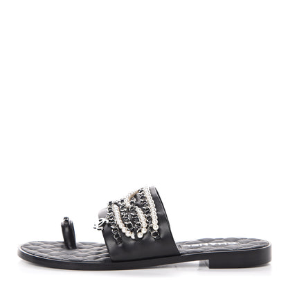 Chanel Pearl Lambskin Chain Flat Sandals 41 Black 1 of 8