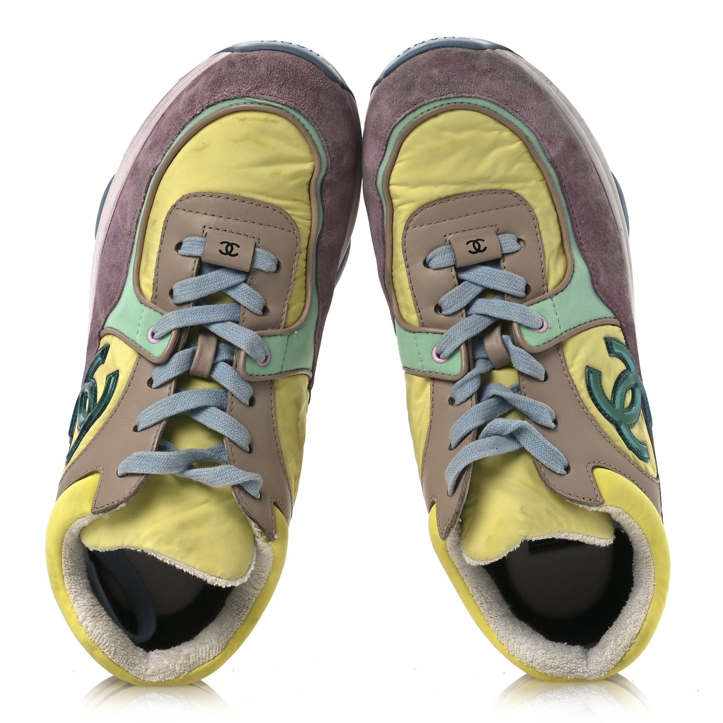 Nylon Lambskin Calfskin Suede CC Womens Sneakers 38.5 Pink Yellow Purple