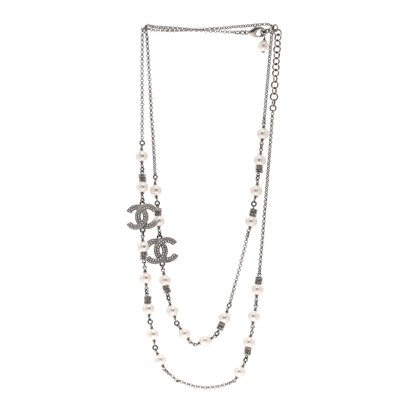 Pearl Crystal CC Necklace Silver