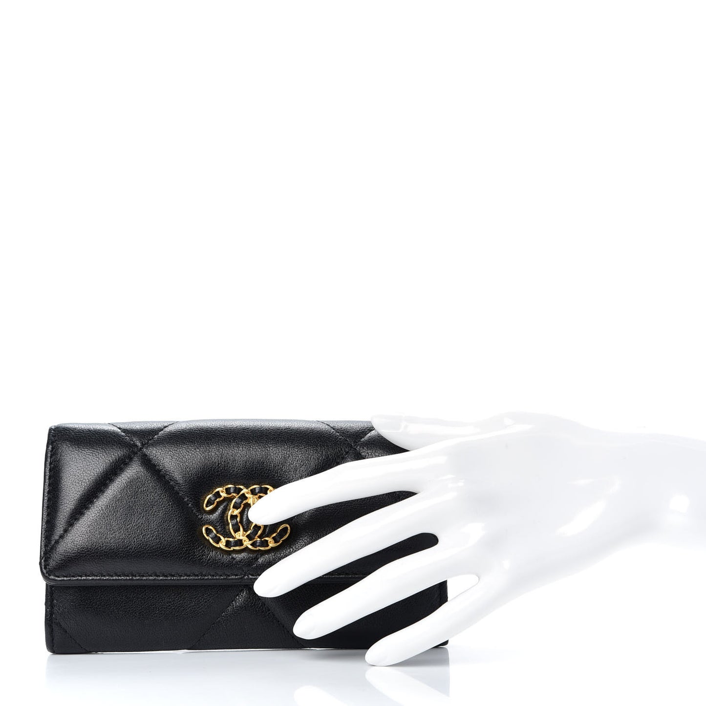 Shiny Goatskin Quilted Chanel 19 Flap Wallet Black