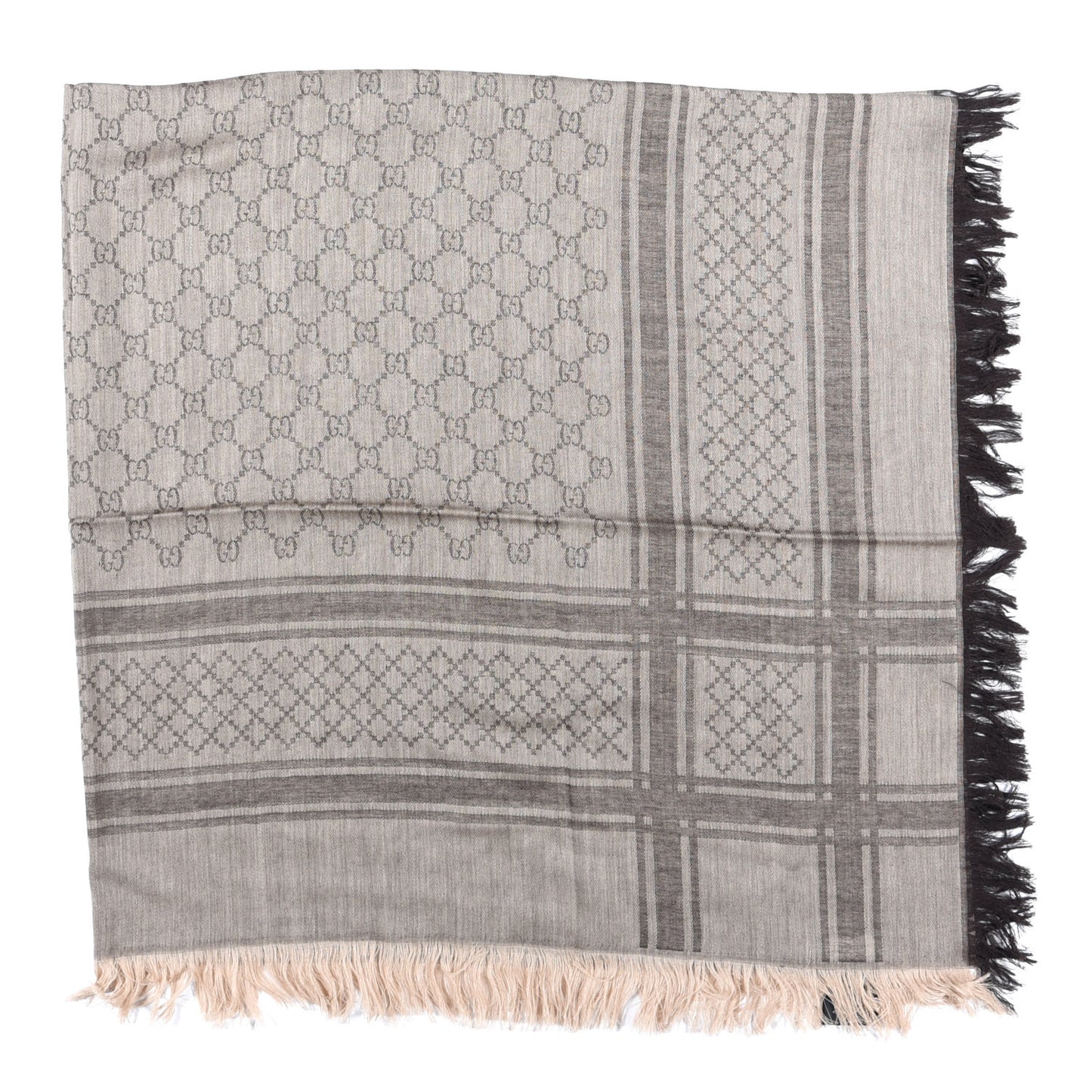 Wool Silk GG Monogram Diamante Plaid Surviee Shawl Beige Dark Brown