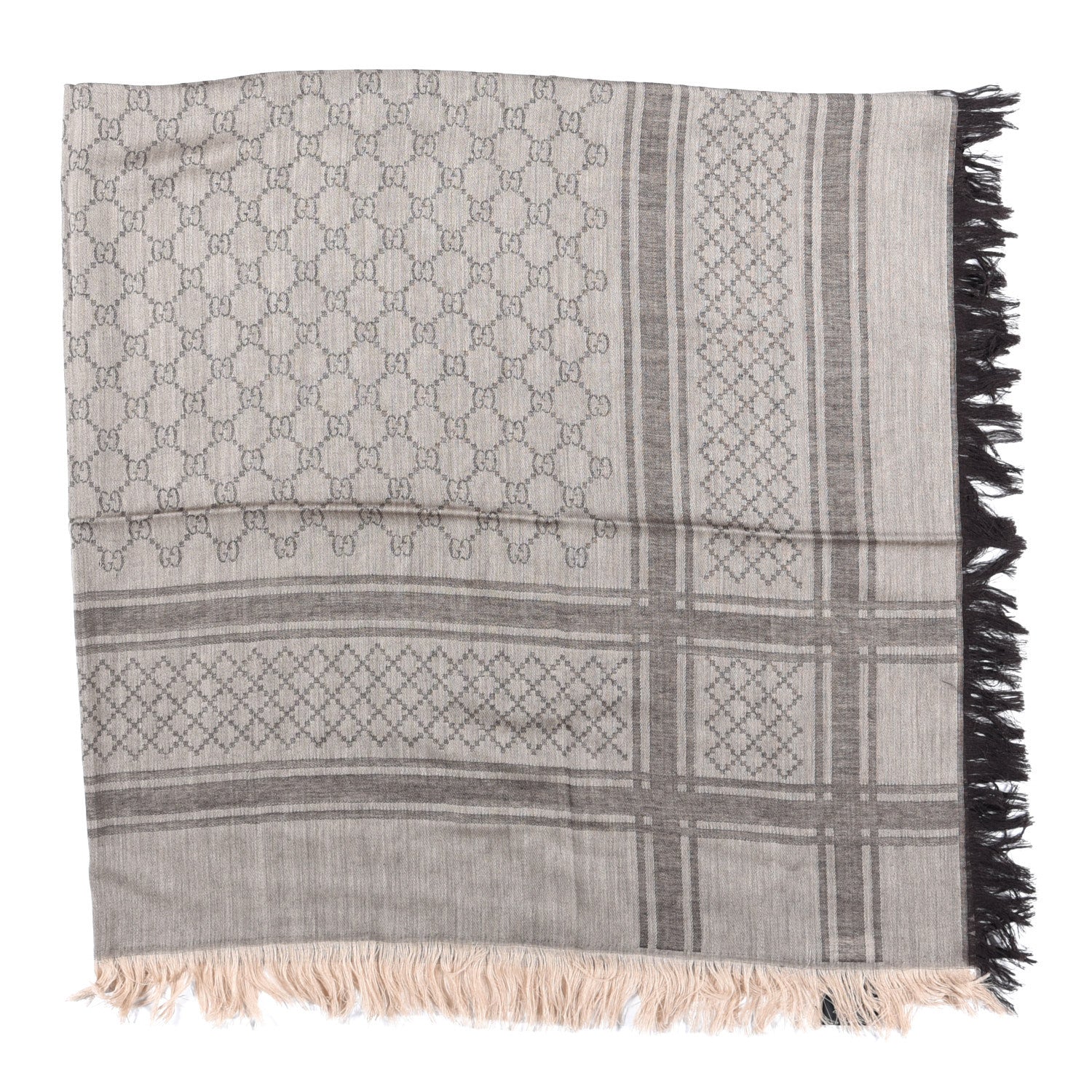 Gucci Wool Silk GG Monogram Diamante Plaid Surviee Shawl Beige Dark Brown 2 of 5