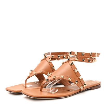 Valentino Garavani Calfskin Rockstud Ankle Wrap Flat Thong Sandals 37 Brown 4 of 9
