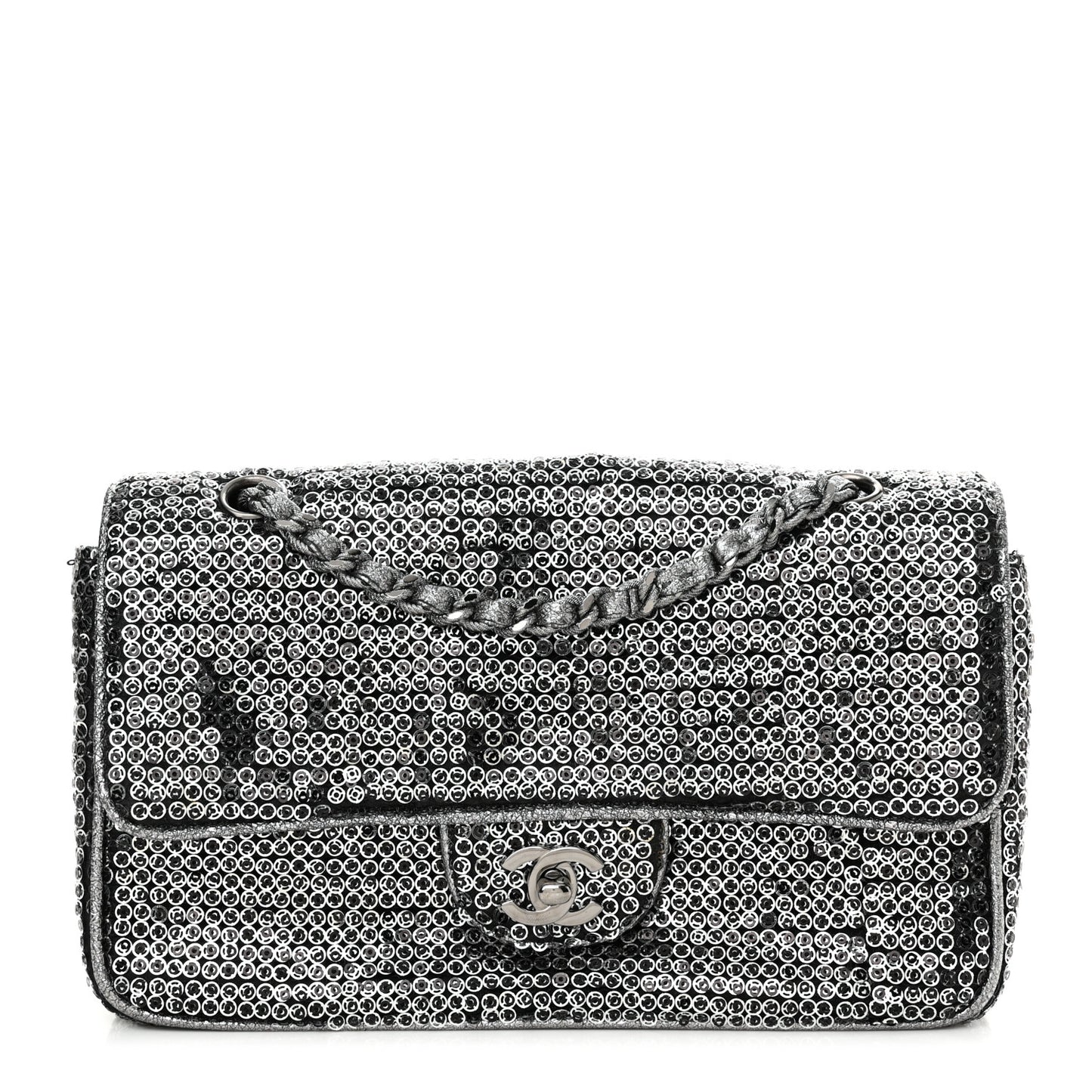 Sequin Medium Single Flap Dark Silver