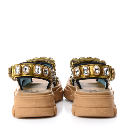 Gucci Silk Calfskin Mesh Crystal Embellished Studded Womens Aguru Sandals 36 Gold 7 of 10