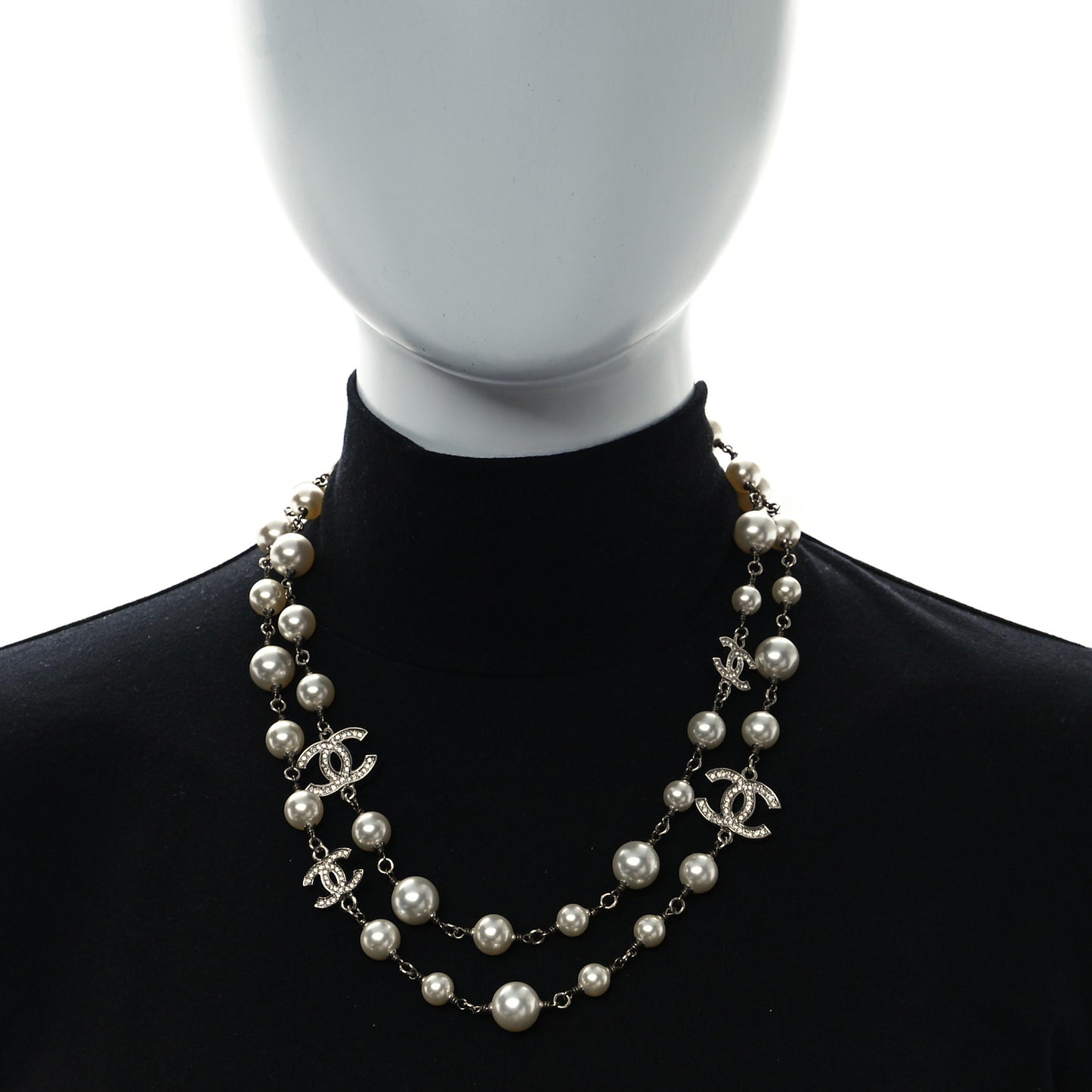 Crystal Pearl CC Long Necklace Silver