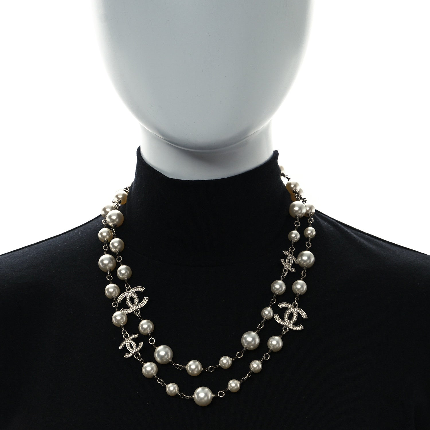Chanel Crystal Pearl CC Long Necklace Silver 2 of 5