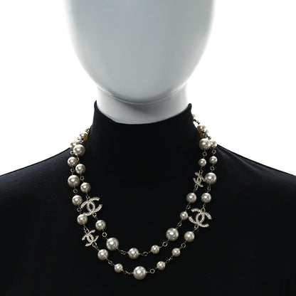 Chanel Crystal Pearl CC Long Necklace Silver 2 of 5