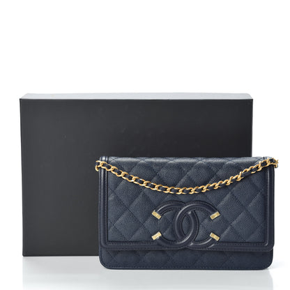 Chanel Caviar Quilted CC Filigree Wallet On Chain WOC Navy 12 of 12