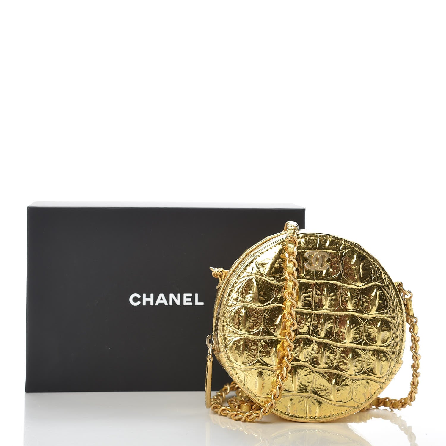 Chanel Metallic Calfskin Crocodile Embossed Cocodile Round Clutch with Chain Gold 8 of 8